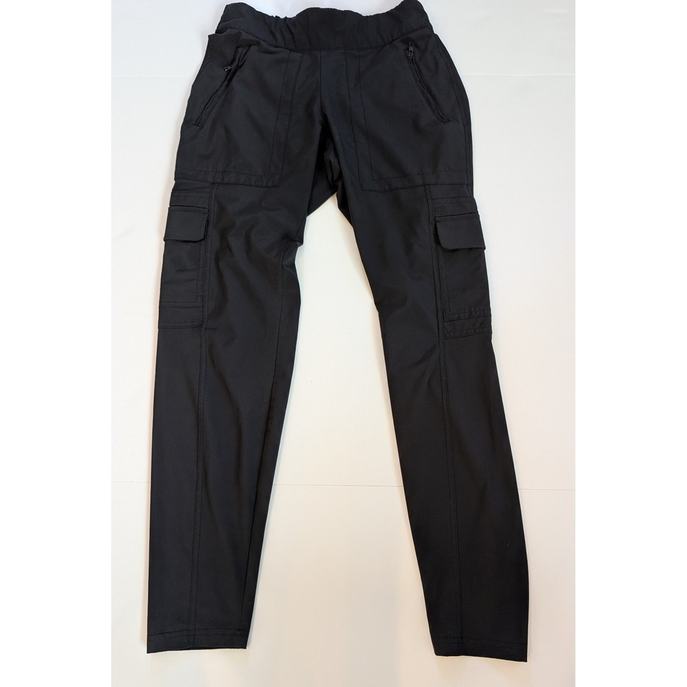 Athleta Black Cargo Utility Pants Tapered Leg Elastic Waist Zip Pockets Sz 0